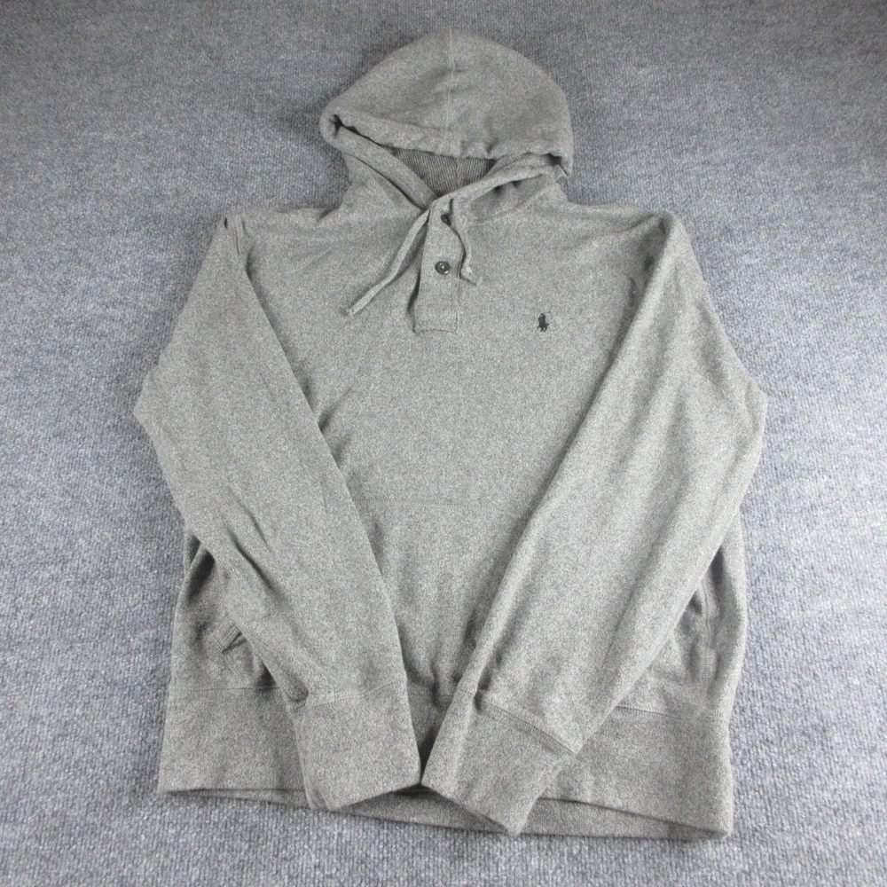 Polo Ralph Lauren Hoodie Mens L Gray Sweatshirt Pullover Button Up Pony Casual